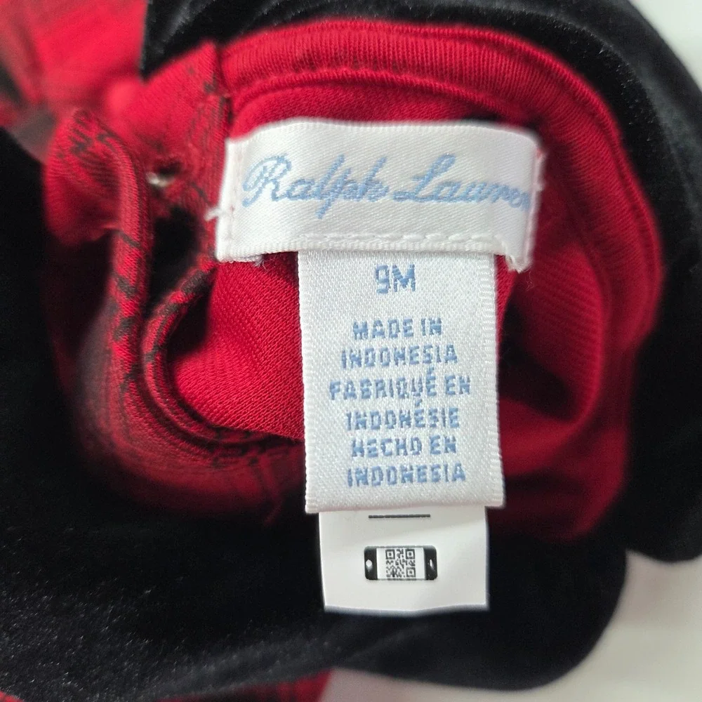 Ralph Lauren Baby Girls 9M Red Black Plaid Tartan‎ Dress Velvet Collar Holiday